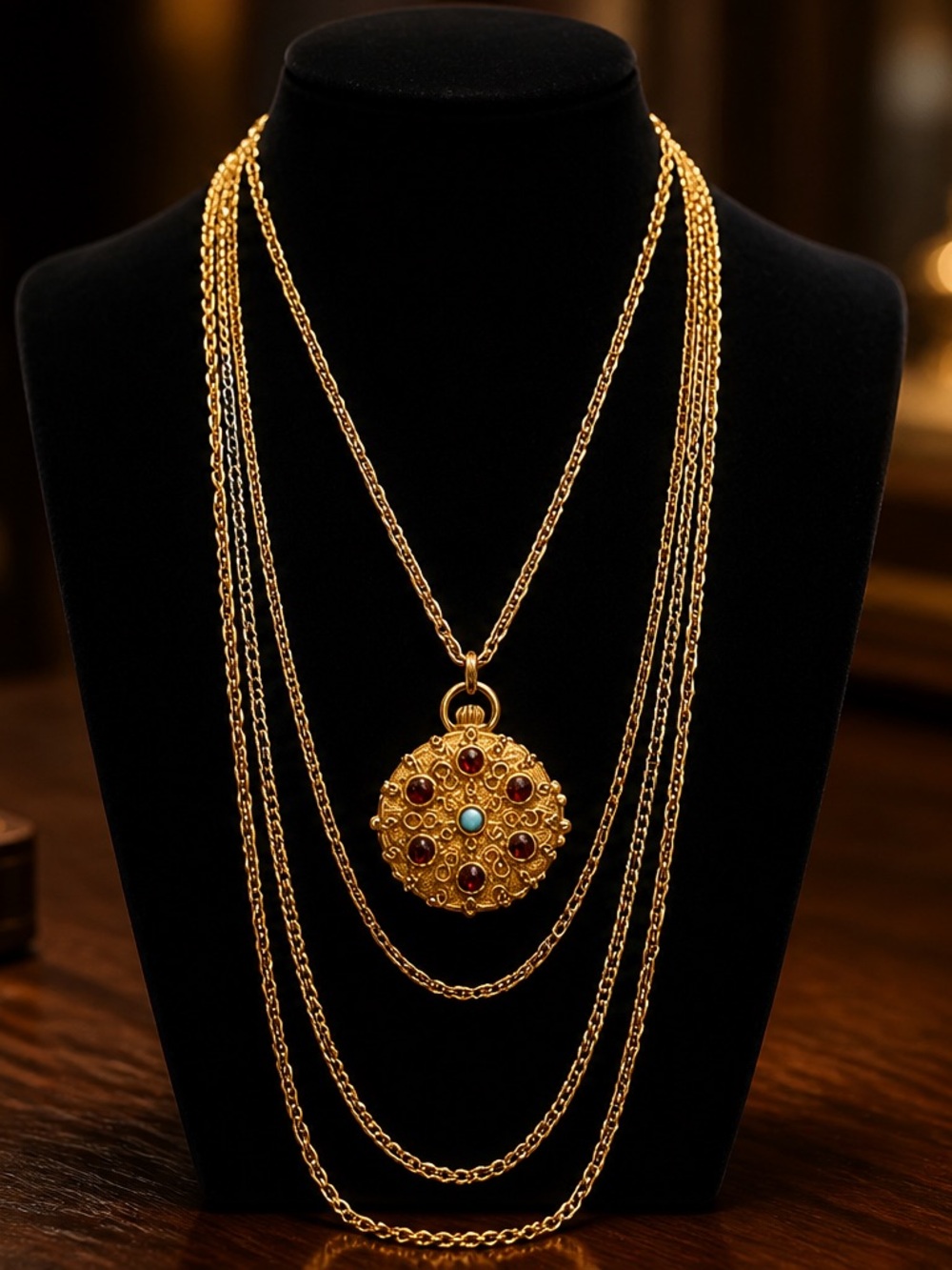 Gold Multi-Layer Necklace with Red and Turquoise Accent Pendant